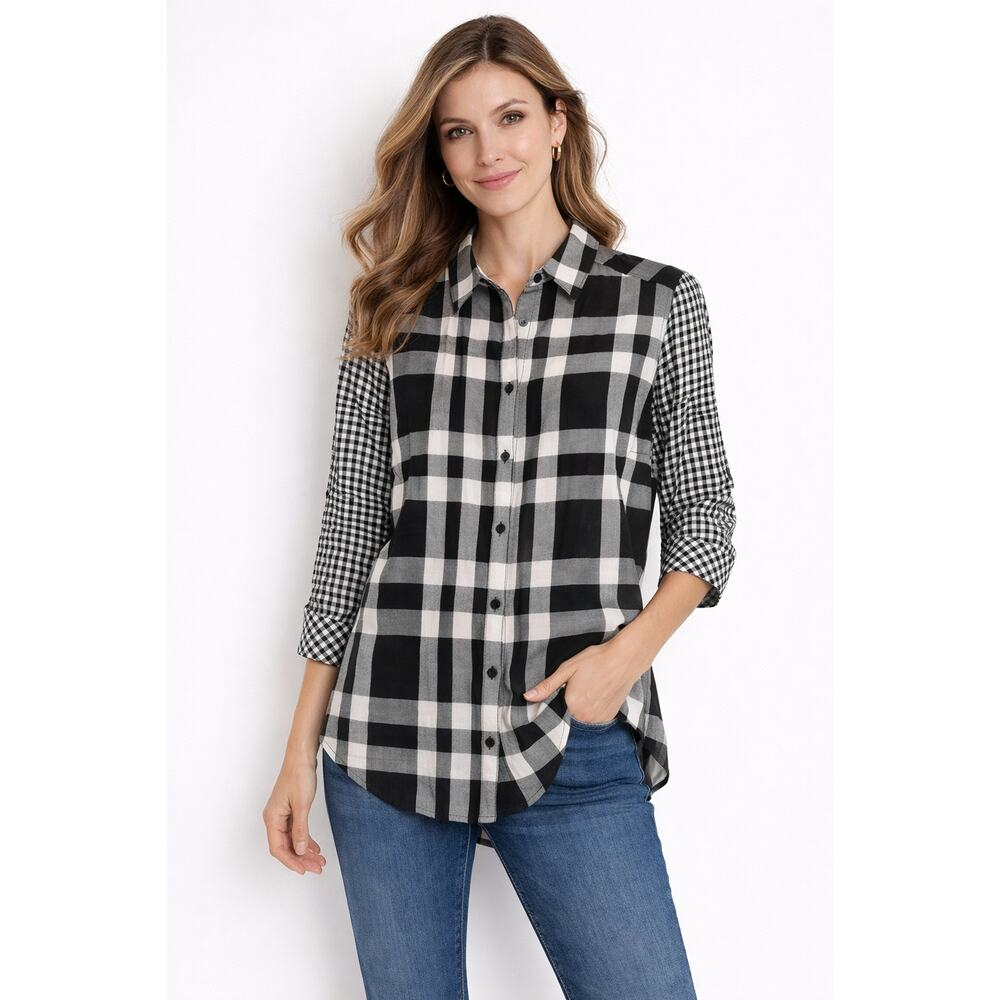 Como Vintage Petite Black White Plaid Button Front Shirt Women PM